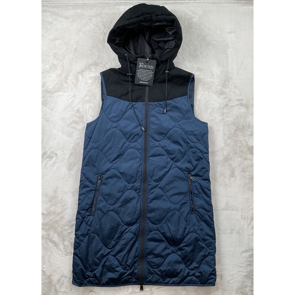 Bernardo Boldy Bound Long Quilted Puffer Vest Navy Black EcoPlume Hooded Small